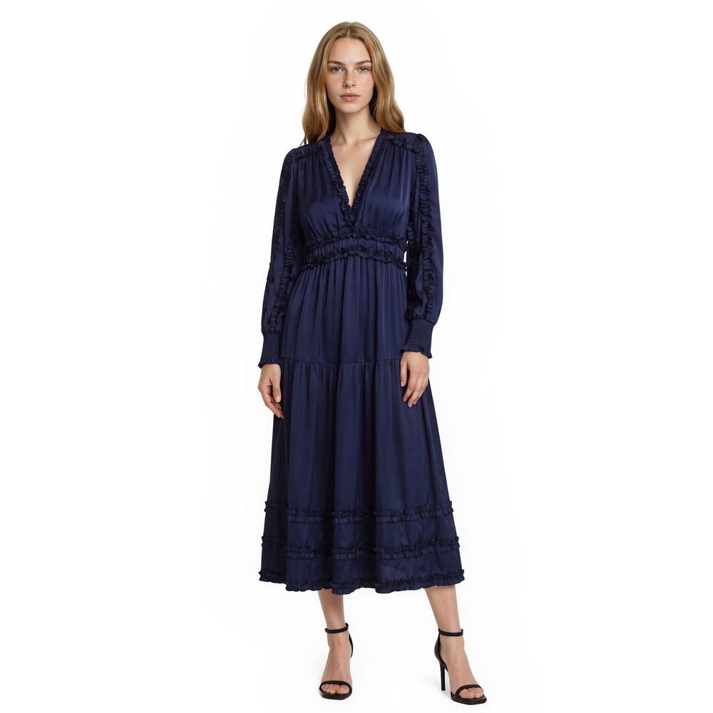 NEW Few Moda Midi Dress Womens Size Large Blue Satin Ruffle Smocked Waist Empire